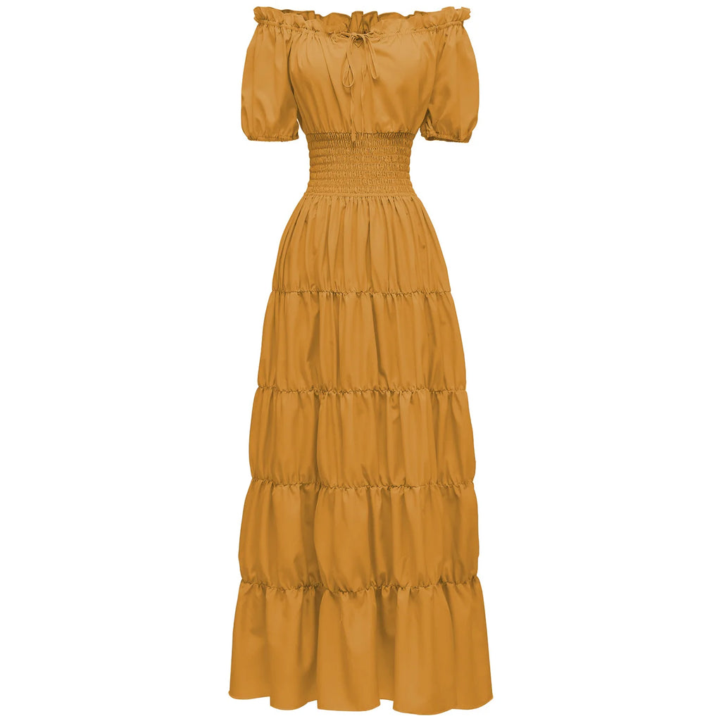 Elegant Medieval Renaissance Dress Boho Short Sleeves Off Shoulder Smocked Waist Retro Pleated Long Dress Costume Gown