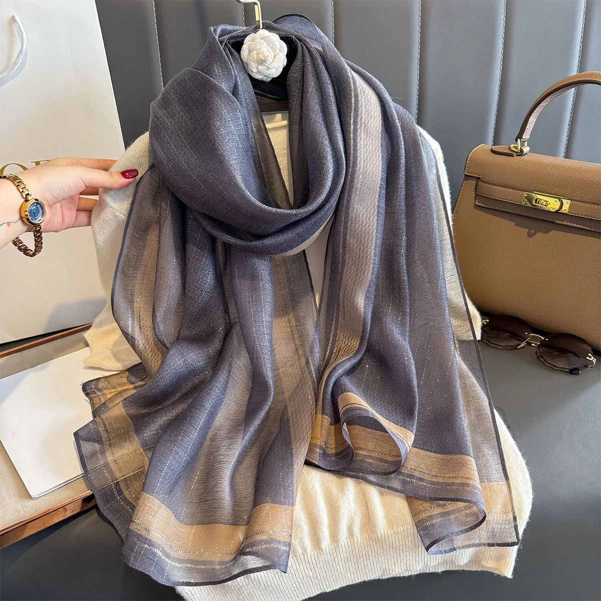 Luxury Long Scarf For Women Elegant Hijab For Travel Beach Soft Stain Neckerchief Shawl Solid Color Imitation Silk Scarves