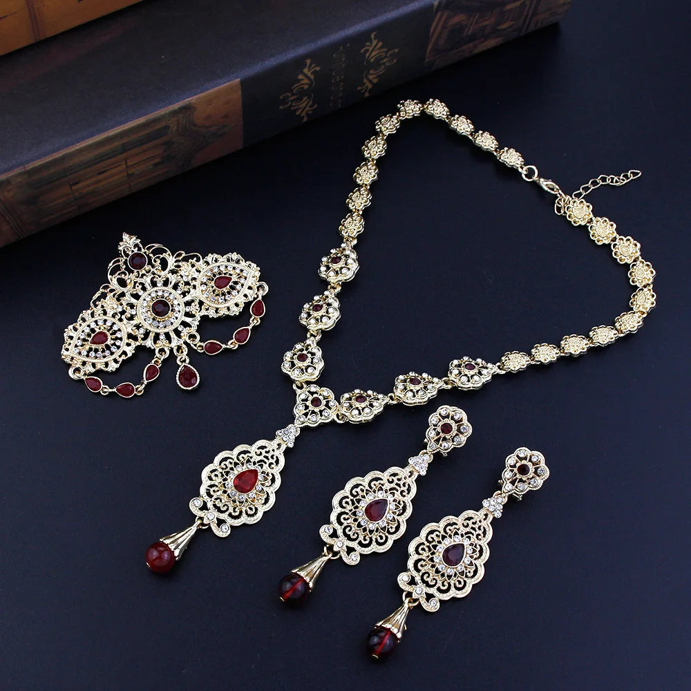 New Gold Color Algeria Bride Wedding Jewelry Set For Women Morocco Earring Necklace Brooch Arabic Traditional Jewelry