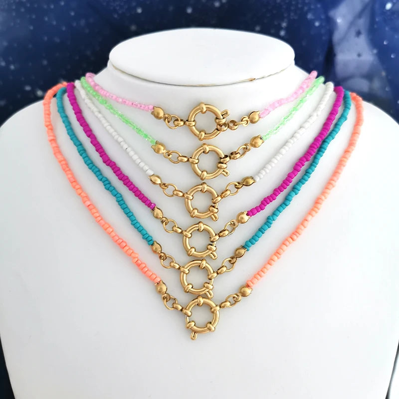 Imitation Pearl Necklace Women Choker Seed Beads Rainbow Stainless Steel Spring Clasp Sailor Buckle Base Chain Gold Color Boho