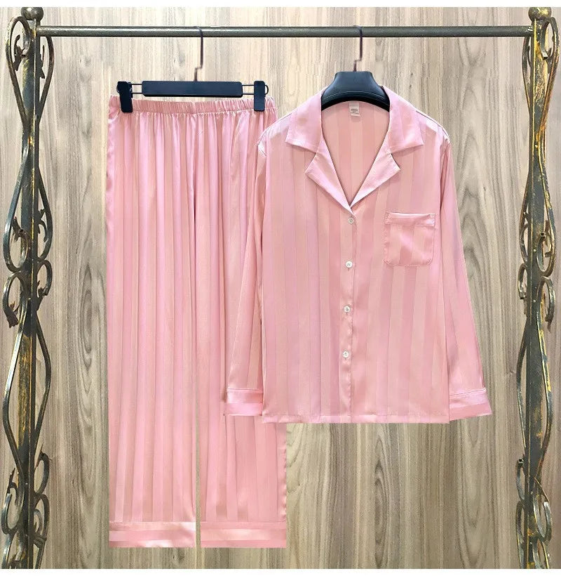 Women Striped Satin Pajama Set Autumn Cardigan Long Sleeve Pants Loose Casual Wear Fashion Classic Pink sleepcoat Two Piece Set