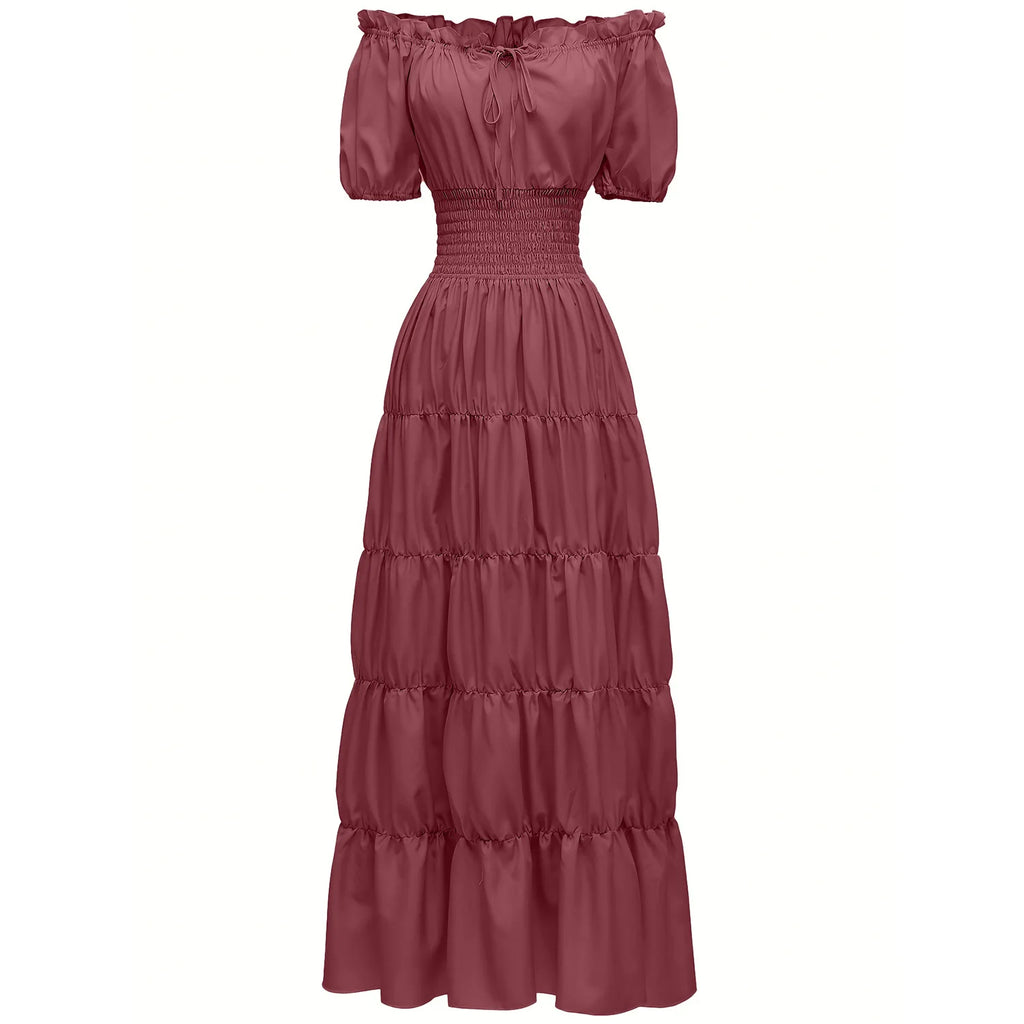Elegant Medieval Renaissance Dress Boho Short Sleeves Off Shoulder Smocked Waist Retro Pleated Long Dress Costume Gown