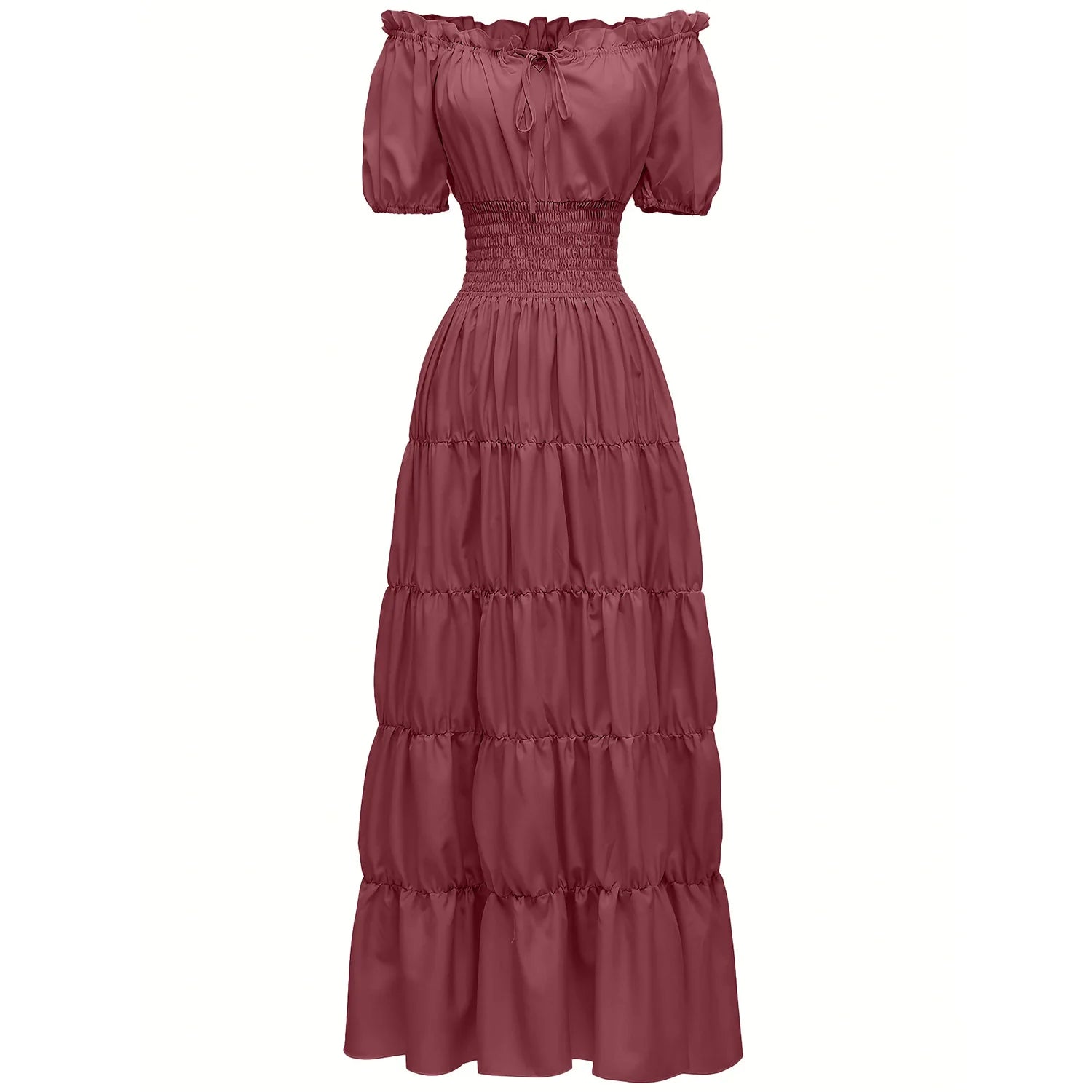 Elegant Medieval Renaissance Dress Boho Short Sleeves Off Shoulder Smocked Waist Retro Pleated Long Dress Costume Gown