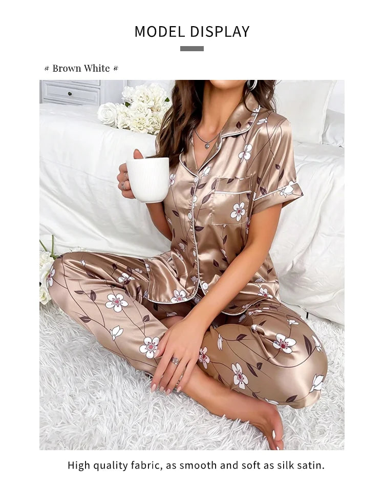 Ladies Floral Print Pajamas Set Autumn Short Sleeve Buttons Top & Elastic Waistband Pants Women's Sleepwear Loungewear Pj Sets