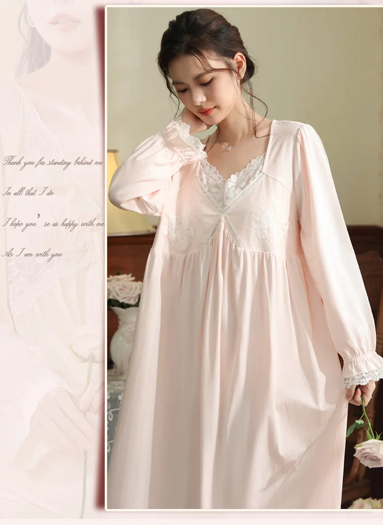 Vintage Victorian Nightgown Women Lace Embroidered Palace Style Princess Sleep Dress Cotton Soft Romantic French Loungewear