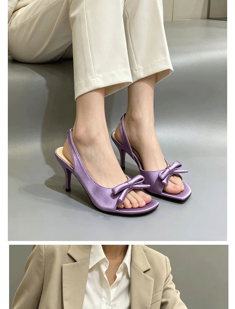 Lilac Purple Women's Fashion Sandals Backless Knot Toe Exposure Silk Satin High Heels Elegant Lady Style Shoes Increased Height