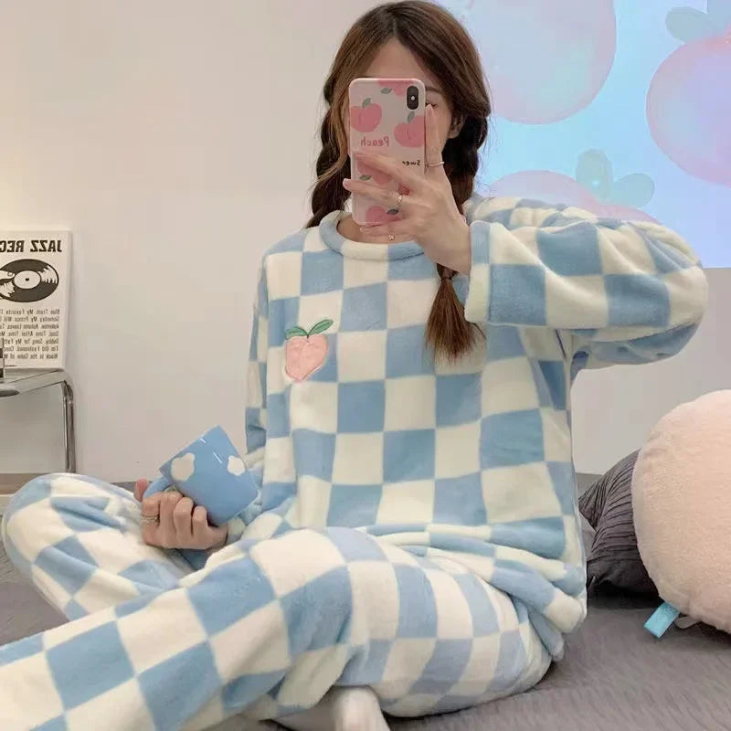 Warm Sleepwear for Winterthickened Plus Size Coral Velvet Pajamas Women Warm Long Sleeve Solid Color Plaid Trousers Home Suit Se
