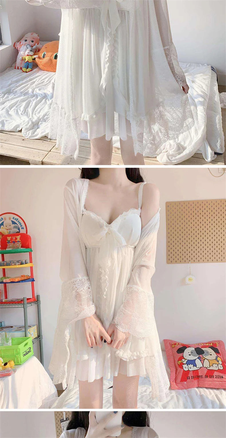 Elegant Sweet Simple Solid White Women Robe Gown Sets Chic Lace Bow Mesh  Sleepwear Breathable Slim Nightdress