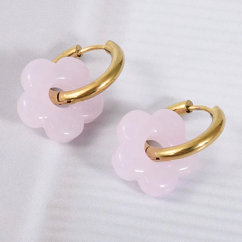 Colorful Flower Glass Drop Charms Earring Gold Color Circle Ear Buckle Hoops Stainless Steel Earrings Fashion Jewelry for Women