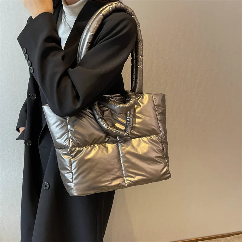 Designer Puffy Shoulder Bag Women Quilted Space Down Feather Padded Cotton Handbag Winter Large Capacity Warm Shopping Purse