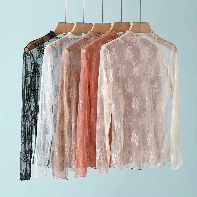 Sexy Floral Lace and Mesh Ruffle Nightgown Woman Sleep Tops Nightie Turtleneck Mesh Layering Top Y2k Floral Tee Shirts Blouse