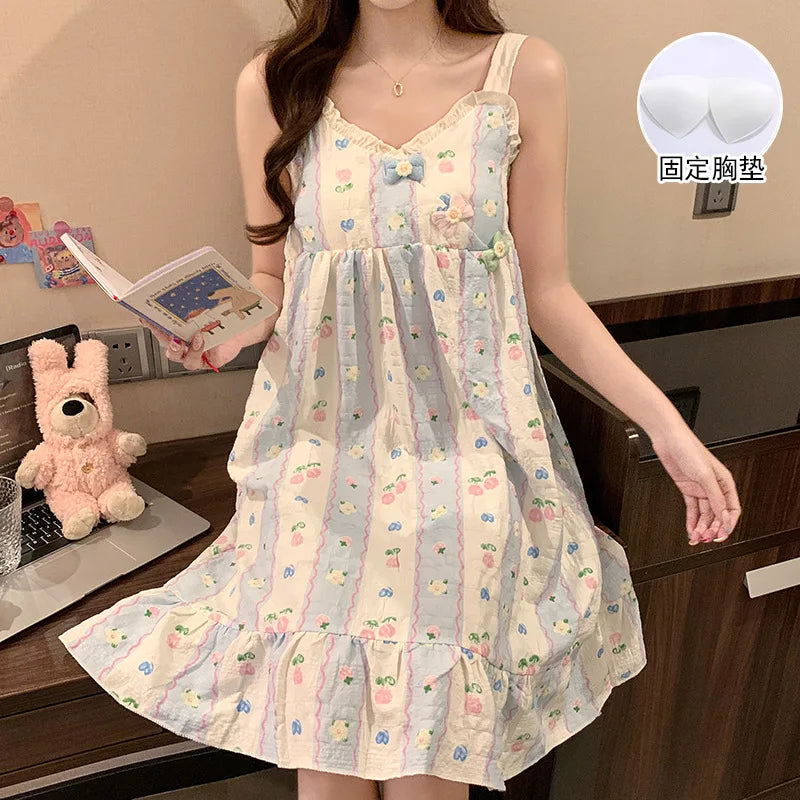 Sweet Lace Ruffle Sleepwear Woman Korean Fly Sleeves Summer Nightgown with Cheat Pad  V-neck Pajamas Dress Sleeping Home Clothes