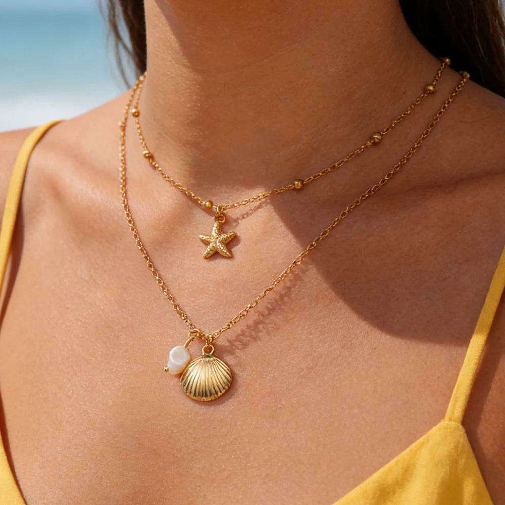 Beach Shell Starfish Pearl Necklace for Woman Girls Summer Vacation Gold Color 2 Layers Stainless Steel Pendant Chain Jewelry