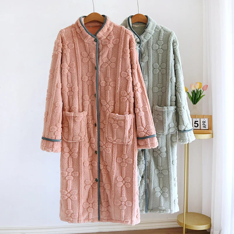 Autumn and Winter 2026 New Women's Nightgown Flannel Sweet and cute Bathrobe Women's Nightdress Stand collar Button Home Dress