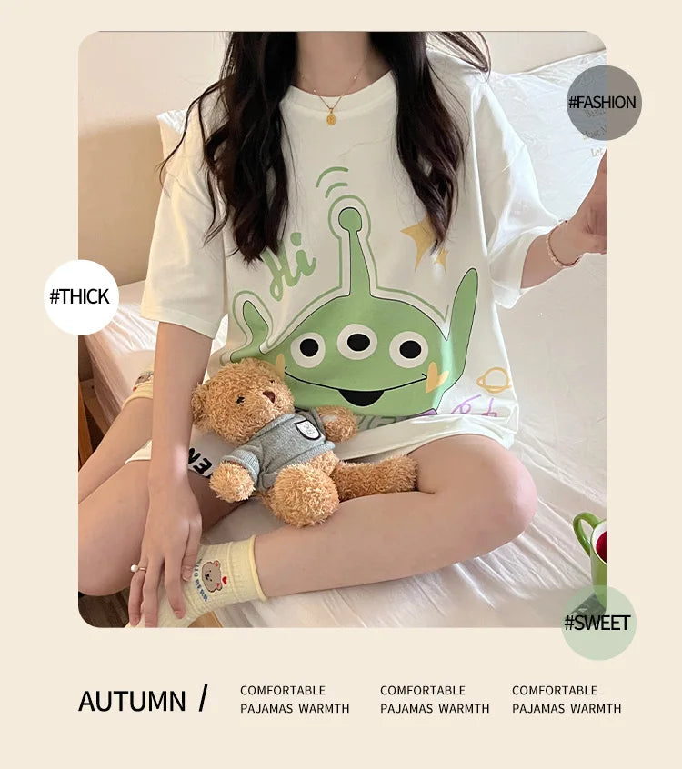 Summer Women's Round Neck Pajama Set Three Piece Short Sleeve+Shorts+Pants Cartoon Home Clothes Set