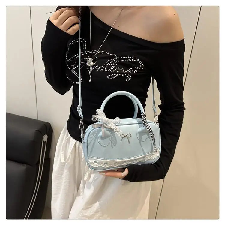 Simple Elegant Handbag Boston Shoulder bag Lace Ribbon Bow Decor Crossbody Bag Small Square Bag Casual Women Bags ﻿