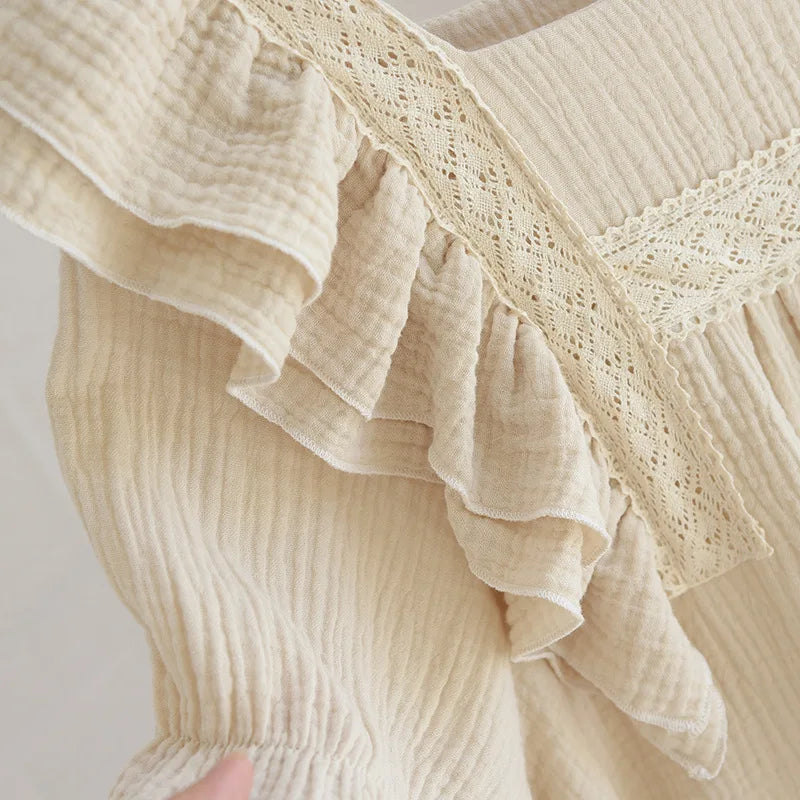 Summer New Ladies Nightdress 100% Cotton Crepe Lotus Leaf Sleeve Long Dress Palace Style Short Sleeve Nightdress Home Skirt
