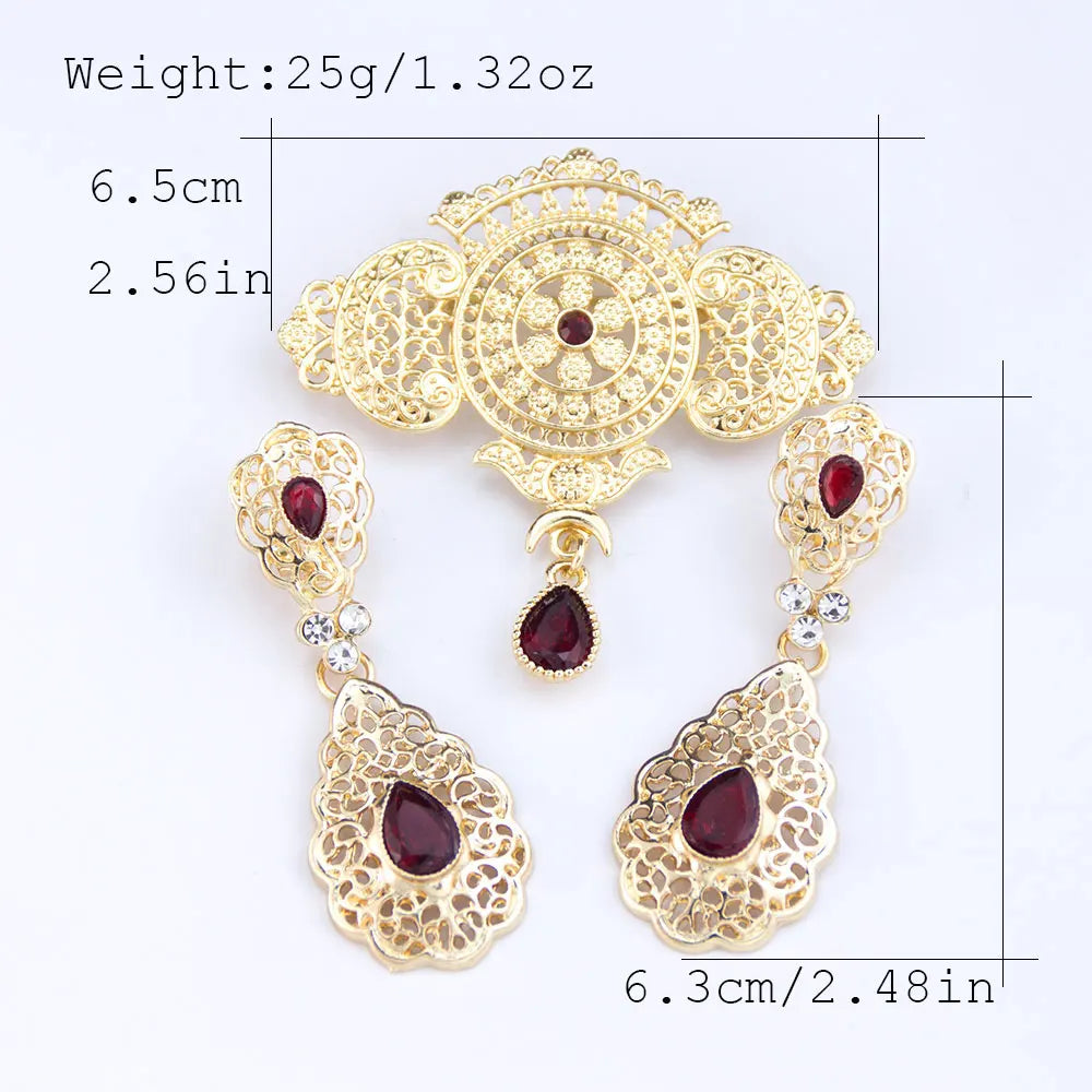 Elegent Arabic Morocco Women Hollow Filigree Brooch Drop Earring Sets Gold Color Bridal Wedding Jewelry Crystal Bijoux