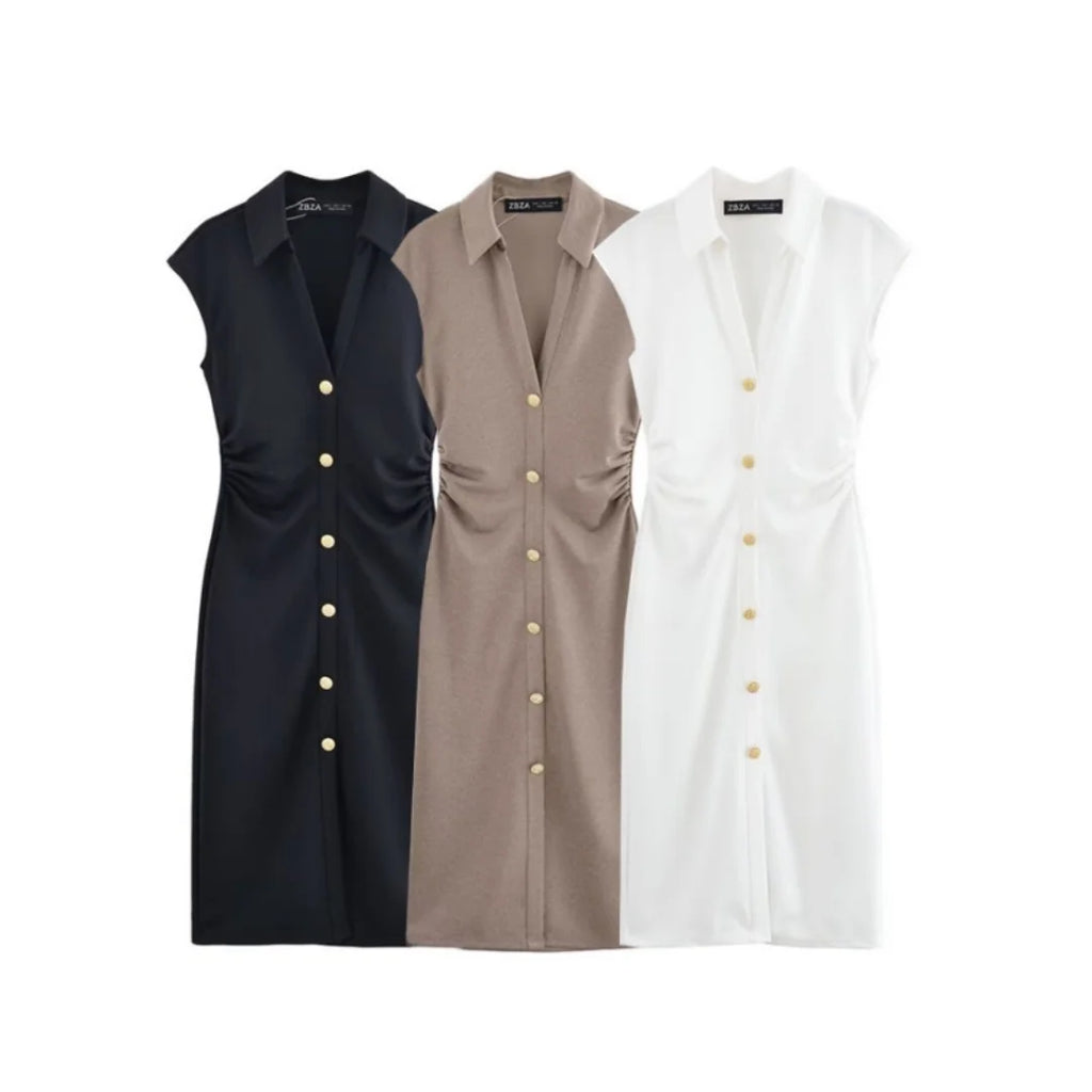 BSAY Dress for Women Fashion Summer New Fold Sleeveless V-neck Single Breasted Midi Dresses French Chic Female Evening Clothing