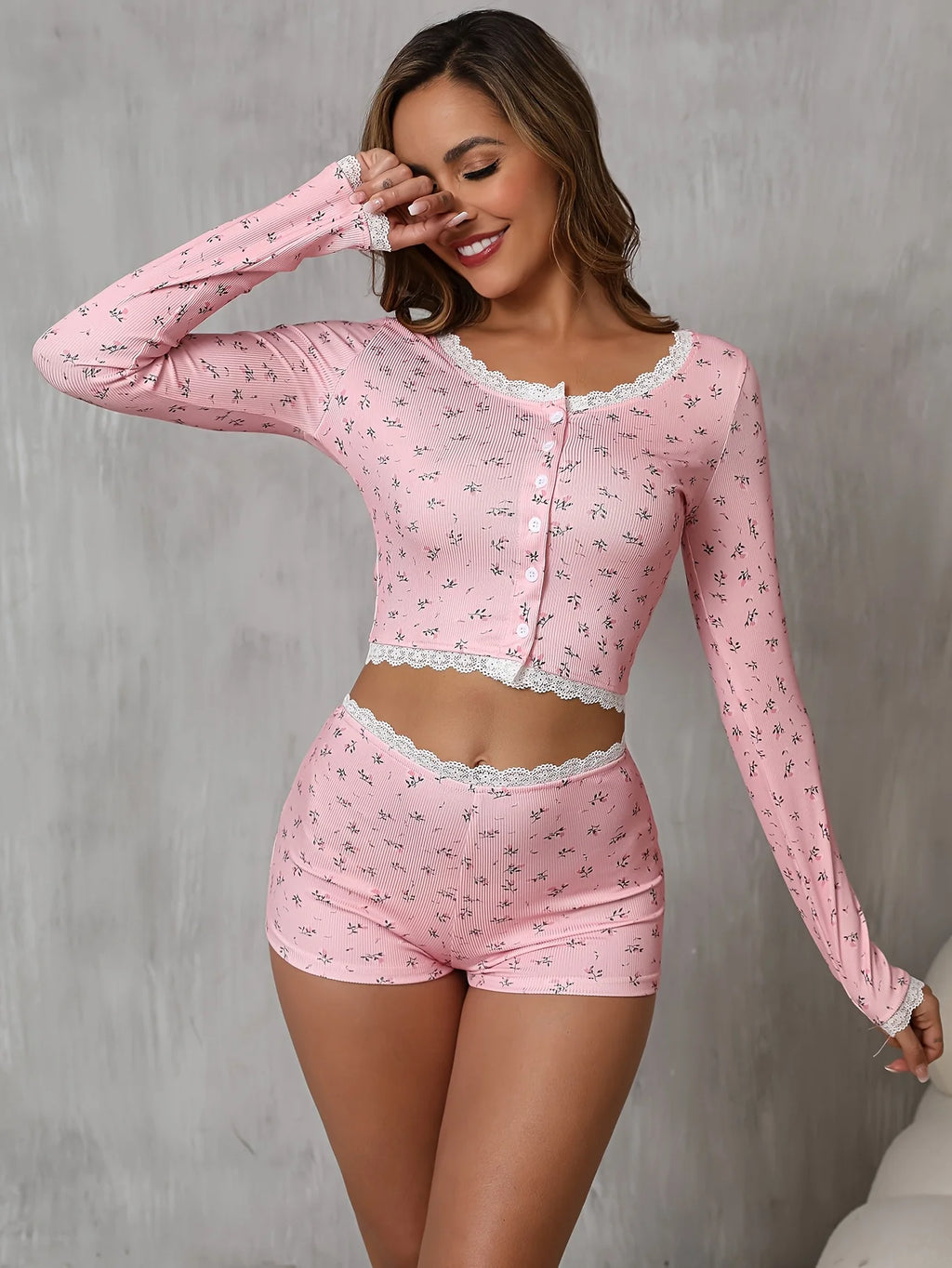 Sweet Floral Pajama Set Women Long Sleeve Button Cardigan and High Waist Shorts Lace Trim Two Piece Loungewear Sleepwear