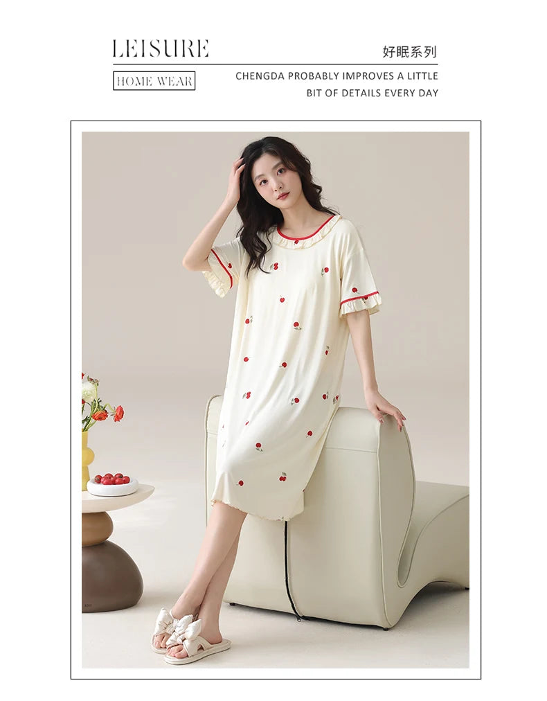 Women Modal Nightdress Small Flower Sleep Dress Short Sleeve Sleepshirt Ruffles Nightshirt Nightgown Sleepwear 4XL5XL Home Dress