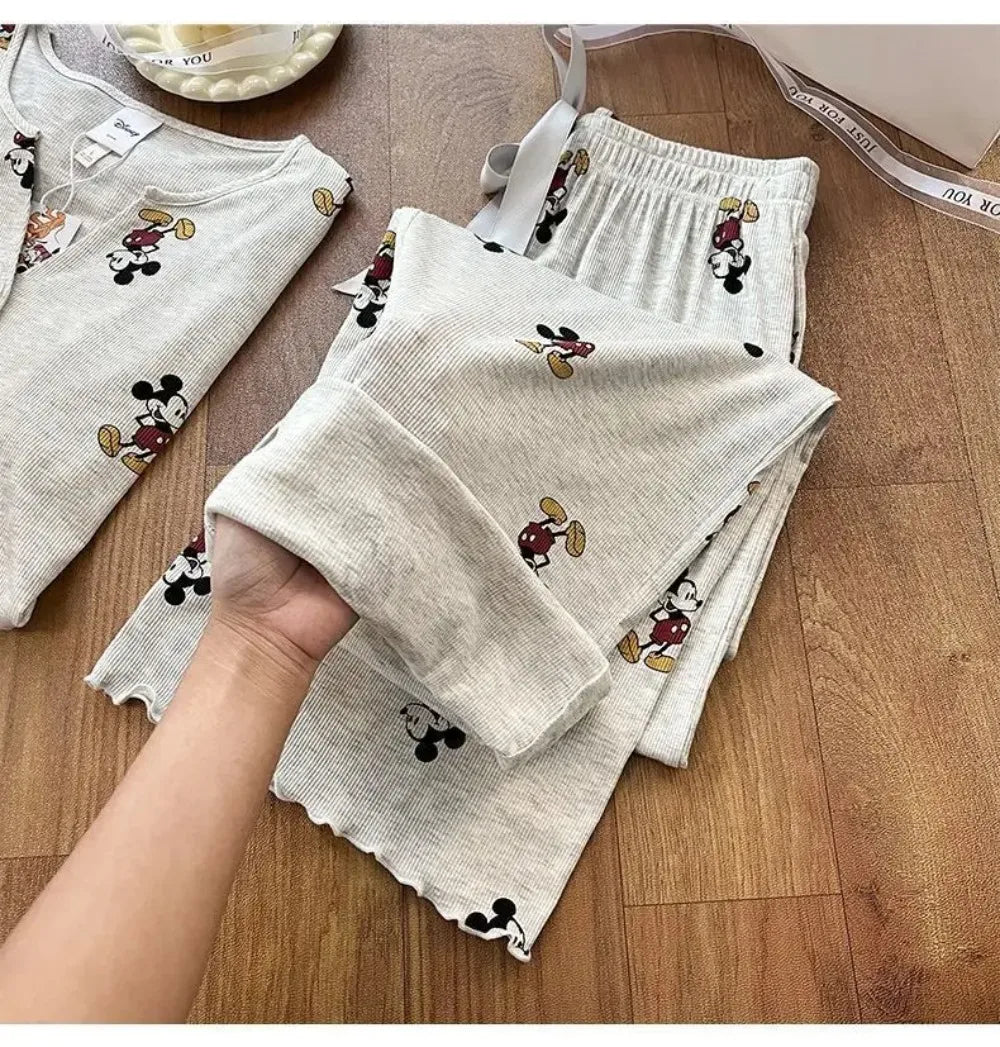Potdemiel Mickey Women's Pajama Set Autumn, Korean Style Long Sleeve Loungewear, Premium Cotton Sleepwear with Pants