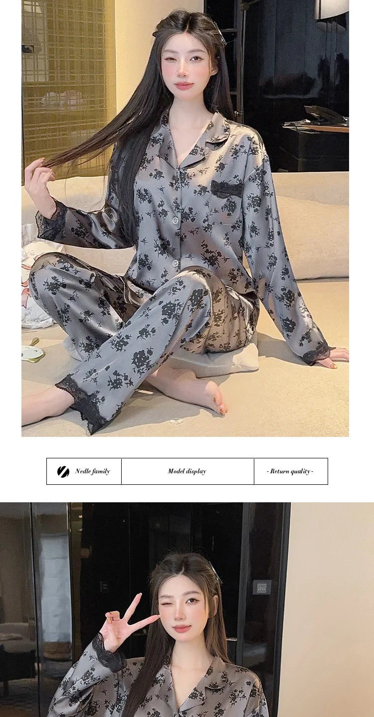 Spring New Women's Long Sleeved Ice Silk Sleepwear Home Suit Set with Floral Lace Loose Sleepwear Home Suit Long Sleeved Set