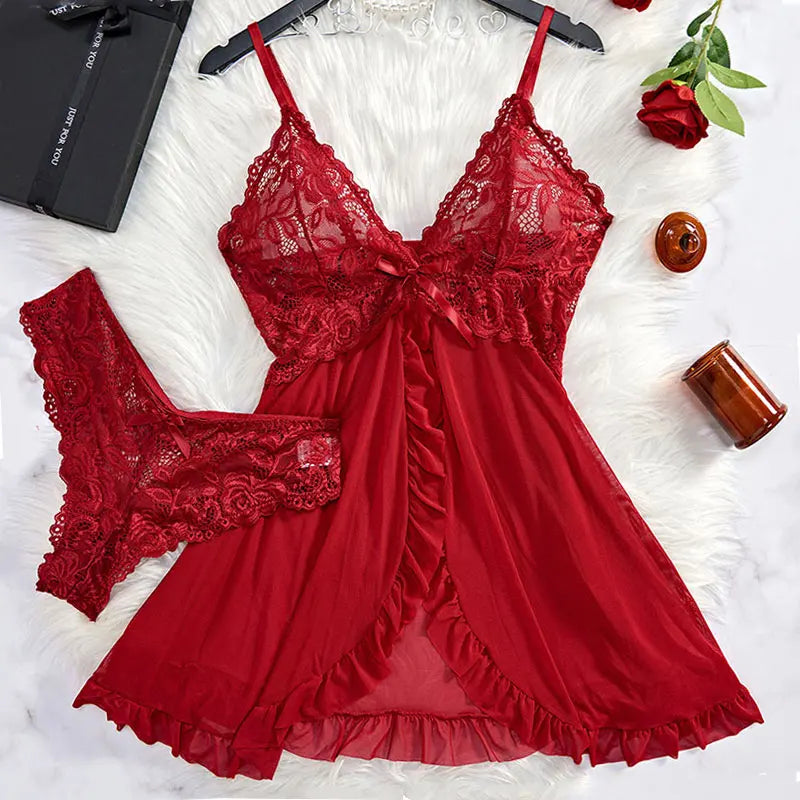Transparent Ultra-short Dress Sexy Lingerie Lightweight Deep V Sling Nighty Loungewear Women's Pajamas Lace Nightdress Female