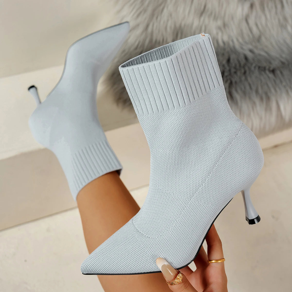 Spring Autumn Women Ankle Boots Slip-On Green Chelsea Boots Women Luxury Stretch Fabric Women Socks Shoes Pointed Toe High Heels