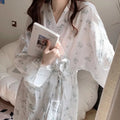 Spring and Summer Sexy Women's Morning Gown, Bathrobe, Women's White Floral Loose Robe, V-Neck Long Sleeved Home Nightgown