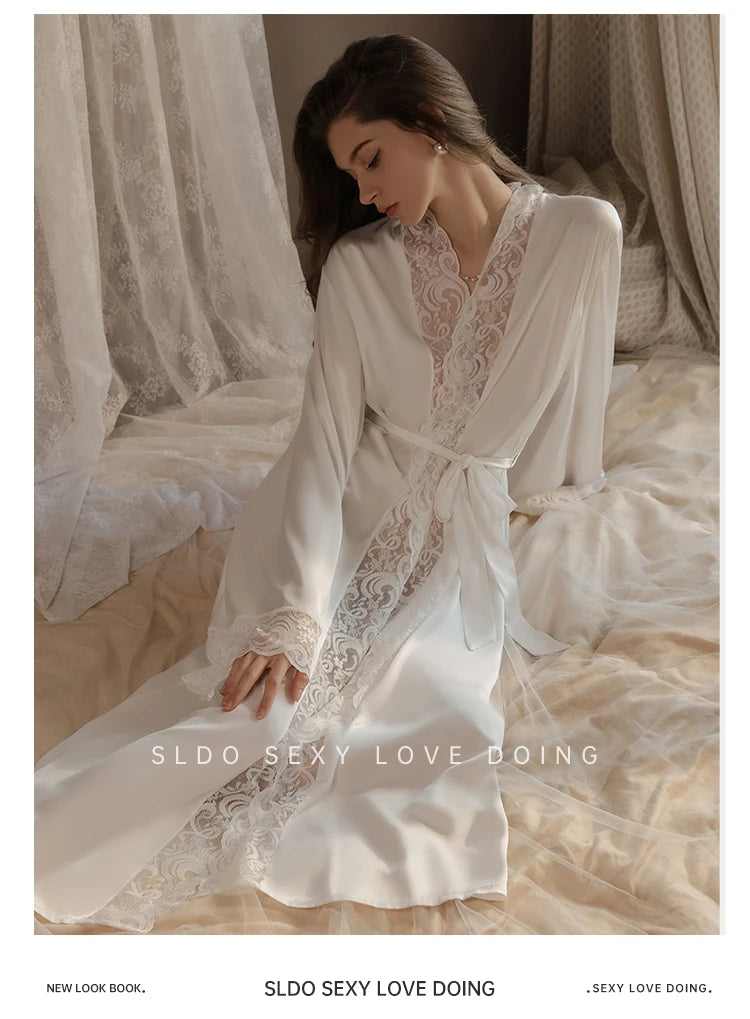 Wedding Bridal Bathrobe Big Lace Flower Nightie Wear Women Satin Kimono Long Loose Peignior Spring Autumn New Intimate Lingerie