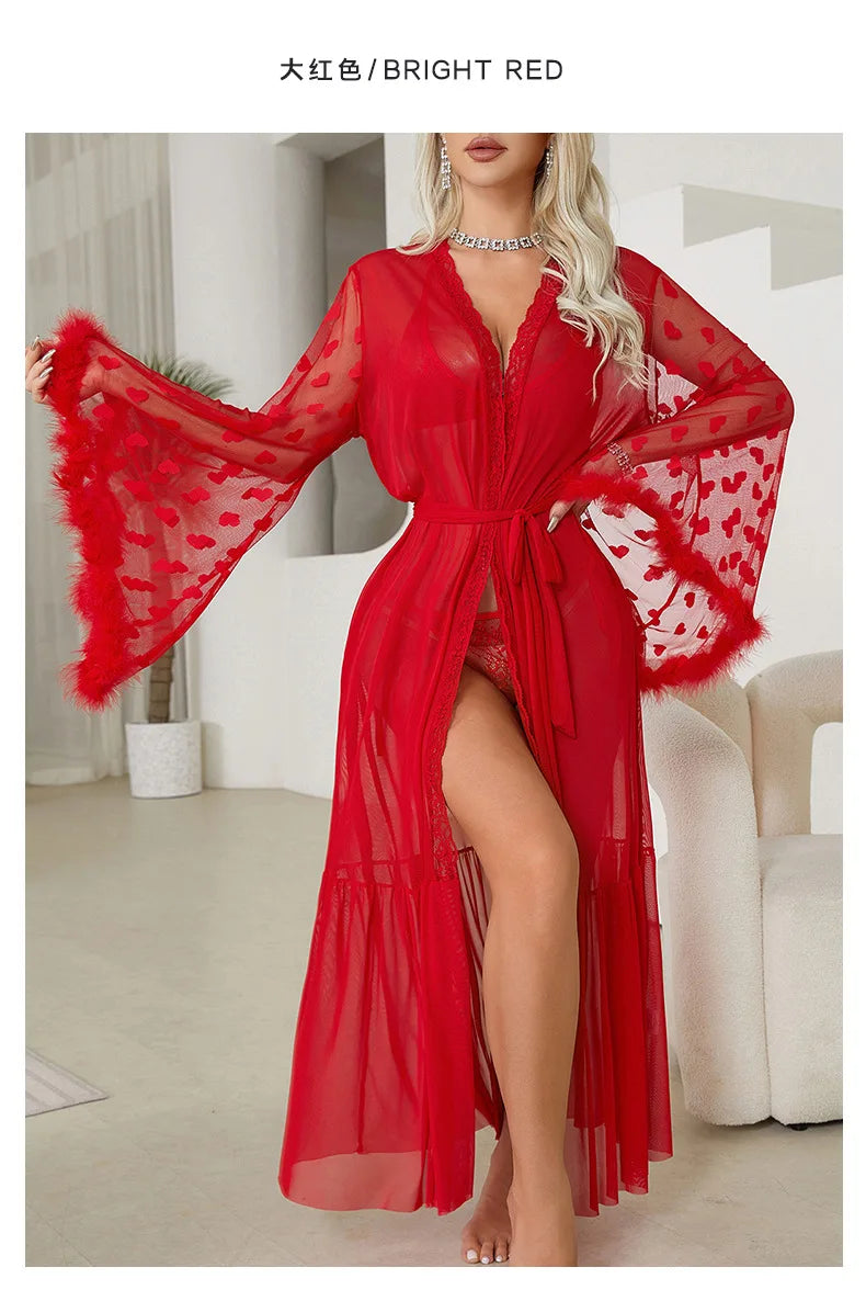 Sexy Bride Wedding Dress Soft Mesh Lace Flower Robe Long Kimono Nightwear Loose Bathrobe Feather Trim Big Sleeve Nightgown