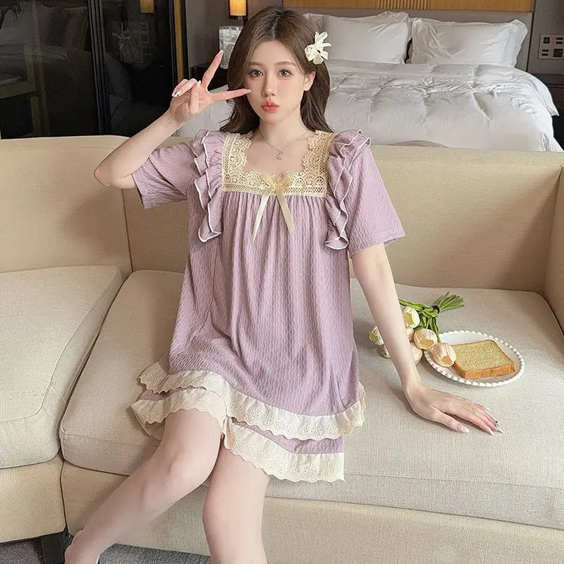 Gift for 5XL Plus Size Women Pajama Set Korean Style Cotton Nighties Summer Ruffle Short Sleeve Top and Shorts 2 Piece Sleepwear