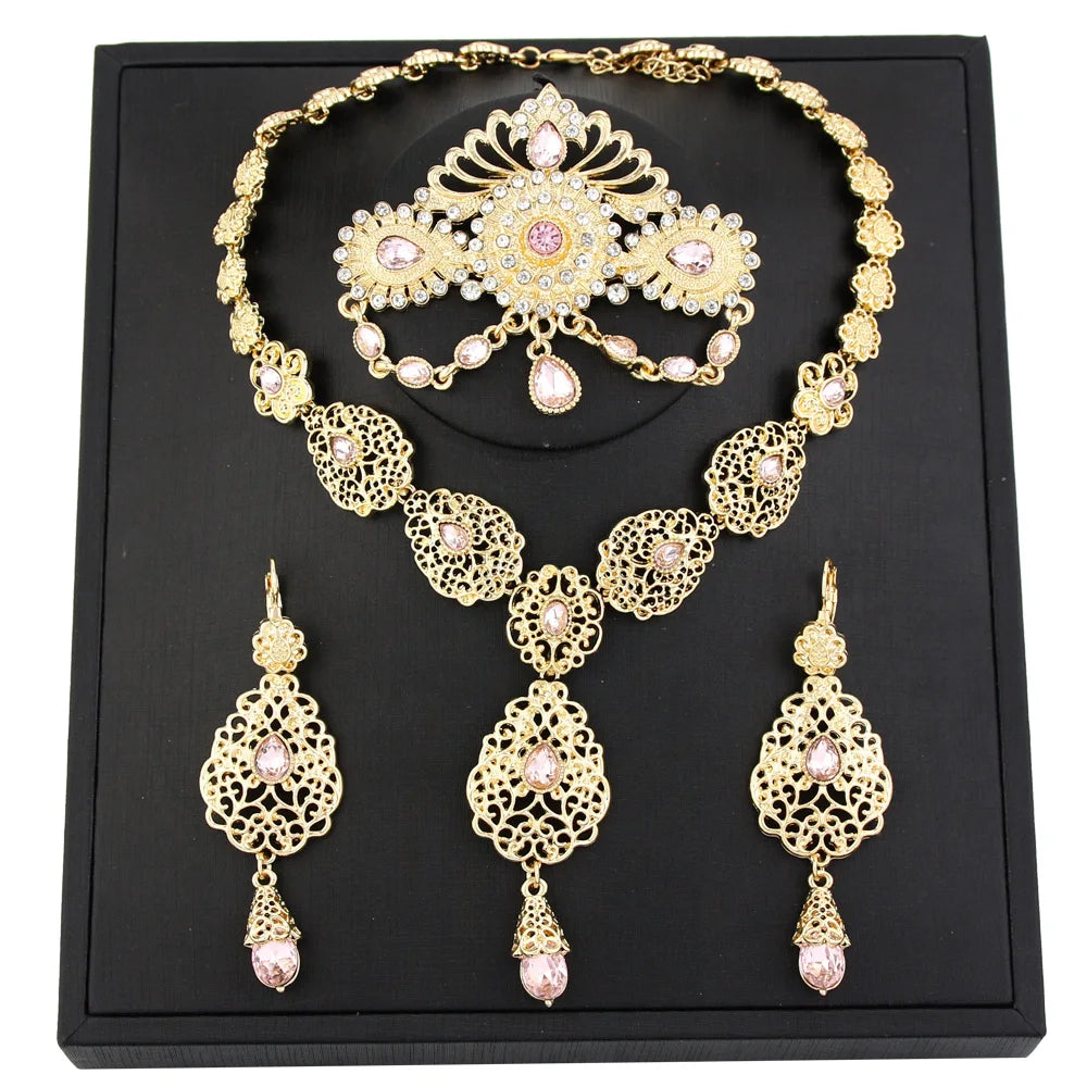 Sunspicems Chic Morocco Bride Jewelry Sets Gold Color Arabia Drop Earring Choker Necklace Caftan Brooch Sets 3Pcs Hollow Flower