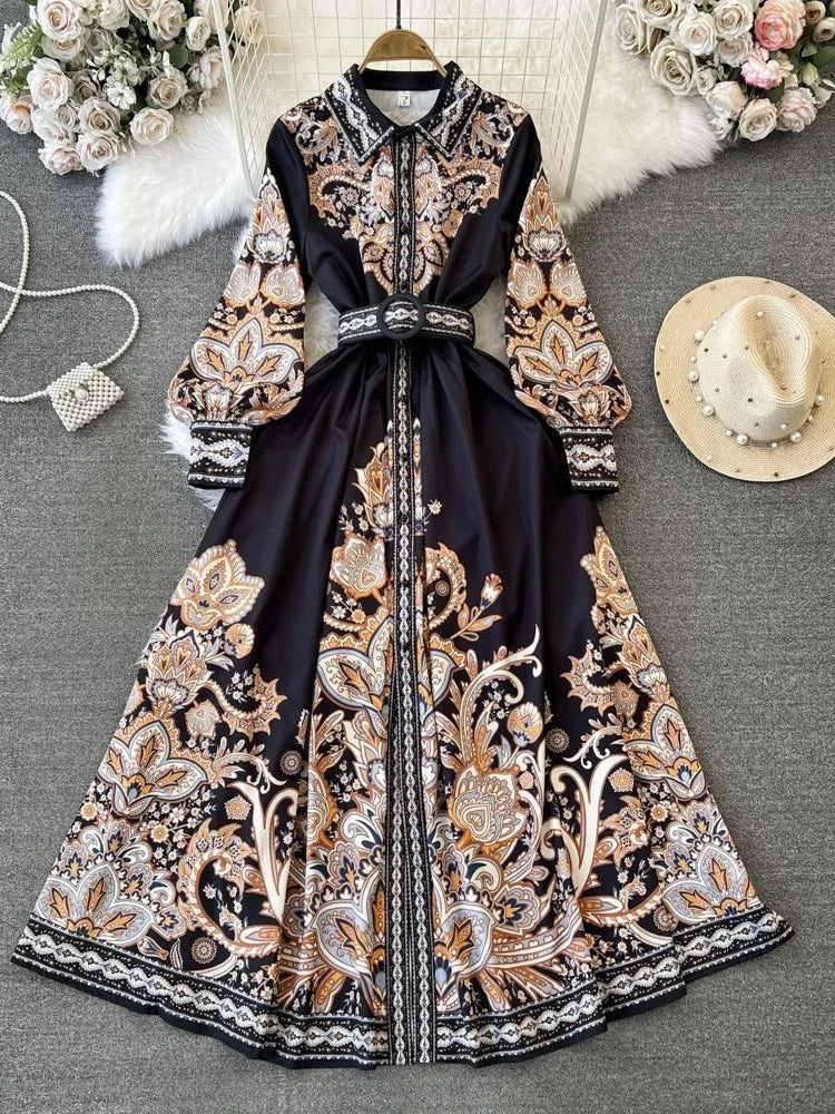 Elegant Vintage Court Style Long Sleeve Collared Slim Fit Print Shirt Dress Knitted Fabric Midi Skirt Length Button Detail