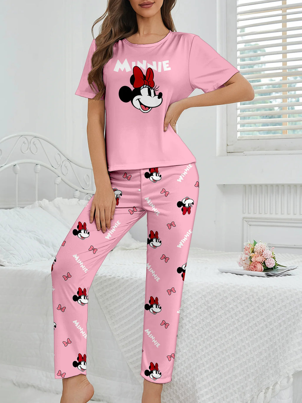 Women's 2-piece Disney Cute Bow Cartoon Pattern Short sleeved Top and Pants Nightwear Home Clothes