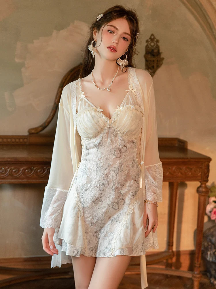 Magdalyn Women Floral Chiffon Padded Strappy Dress Sexy Bow A Line Mini Lace Patchwork Pajamas Erotic V Neck Sleepwear Nightgown