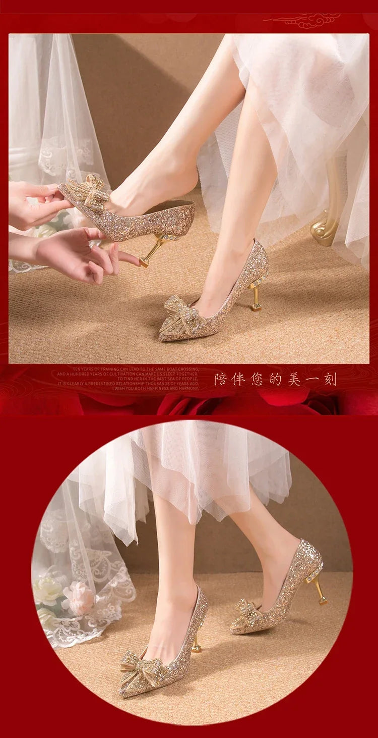 New  Women's Rhinestone Wedding Shoes Year Shoes Luxury Buckle Decorative Banquet Women's Shoes High Heels Gold Silver Red