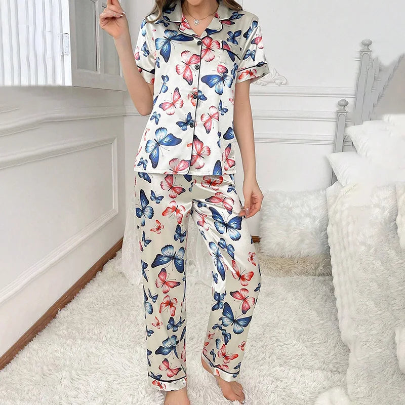Women Pajamas Sets Spring Short Sleeve Satin Button-Down Top with Pants 2 Piece Pajama Set Sleepwear Pj Set Homewear Loungewear