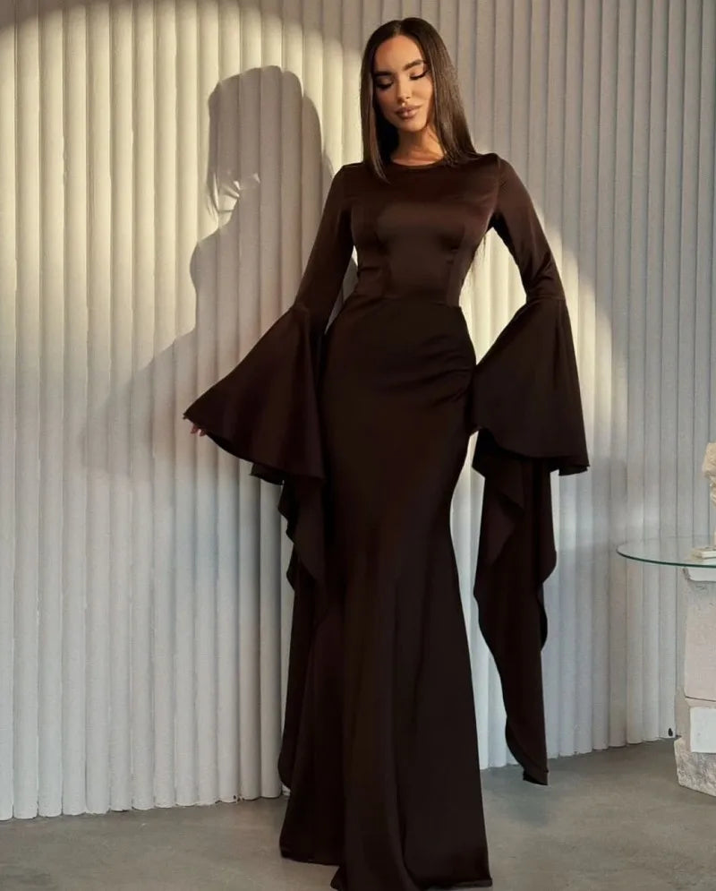 Women Cocktail Party Dress Big Swing Middle Eastern Long Floating Sleeves Slim Empire Lady Banquet Solid Maxi Clothing