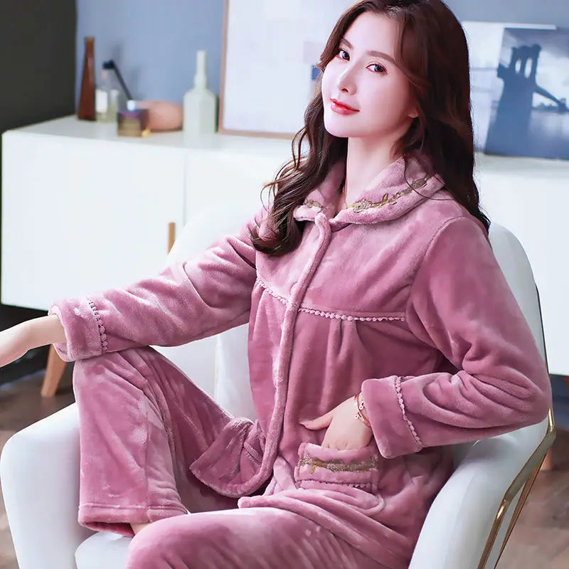 Winter Pajama Sets Women Single Breasted Tops Ankle Length Pants Thicker Cozy Nightwear Flannel Floral Warm Lounge Trendy Casual