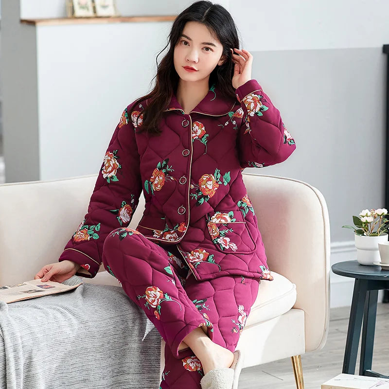 Winter three layer thick keep warm quilted jacket women's pajamas floral pijamas inverno M-XXXL sleepwear