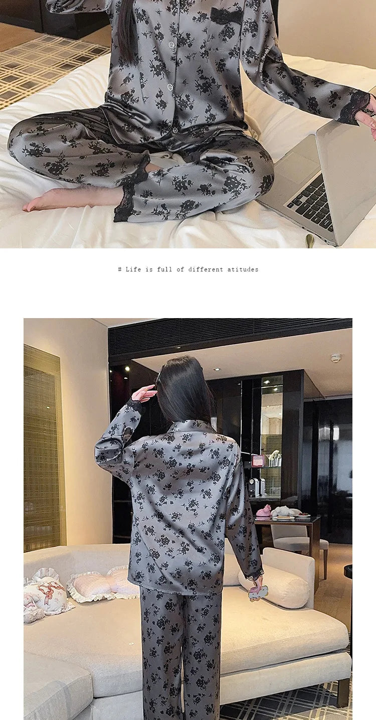 Spring New Women's Long Sleeved Ice Silk Sleepwear Home Suit Set with Floral Lace Loose Sleepwear Home Suit Long Sleeved Set