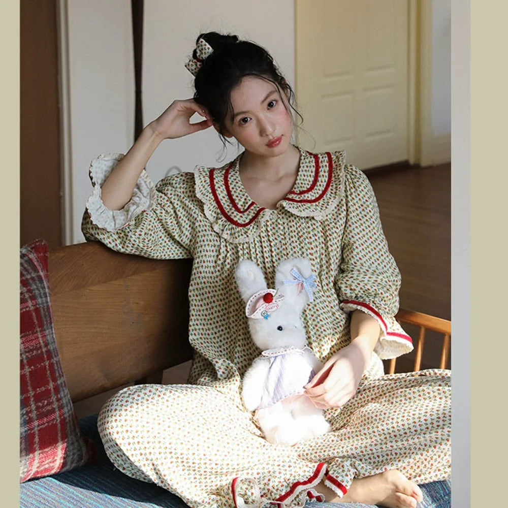 2026 new 100% cotton sweet rose floral printing home wear set princess women loose 2 pieces pajamas sets for spring summer