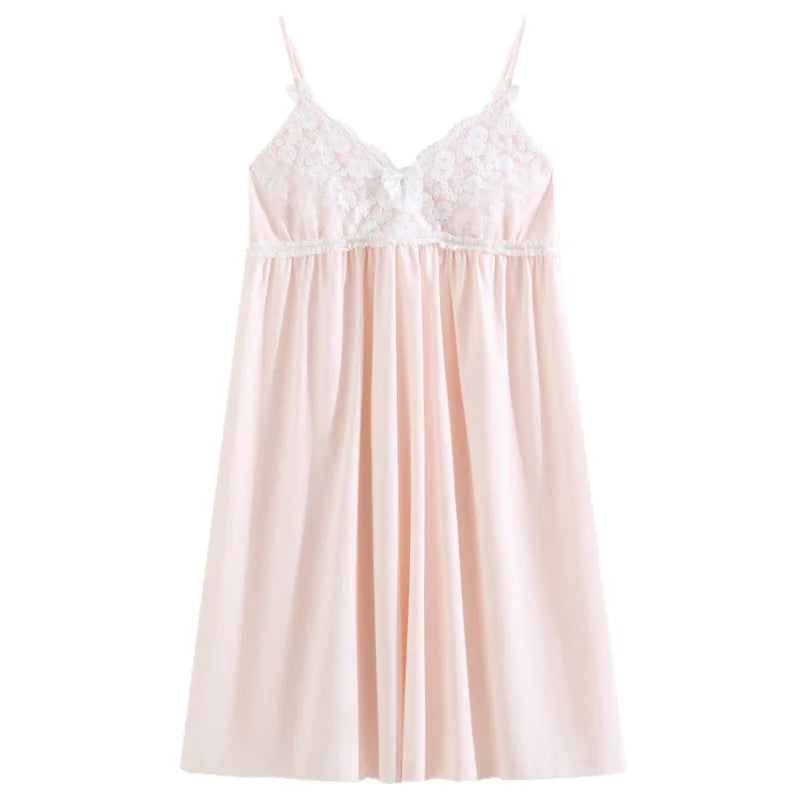 Cotton Strap Sleepwear for Women Summer French Sweet Lace Embroidered Pure Sleeping Dress with Chest Mat Home Clothes
