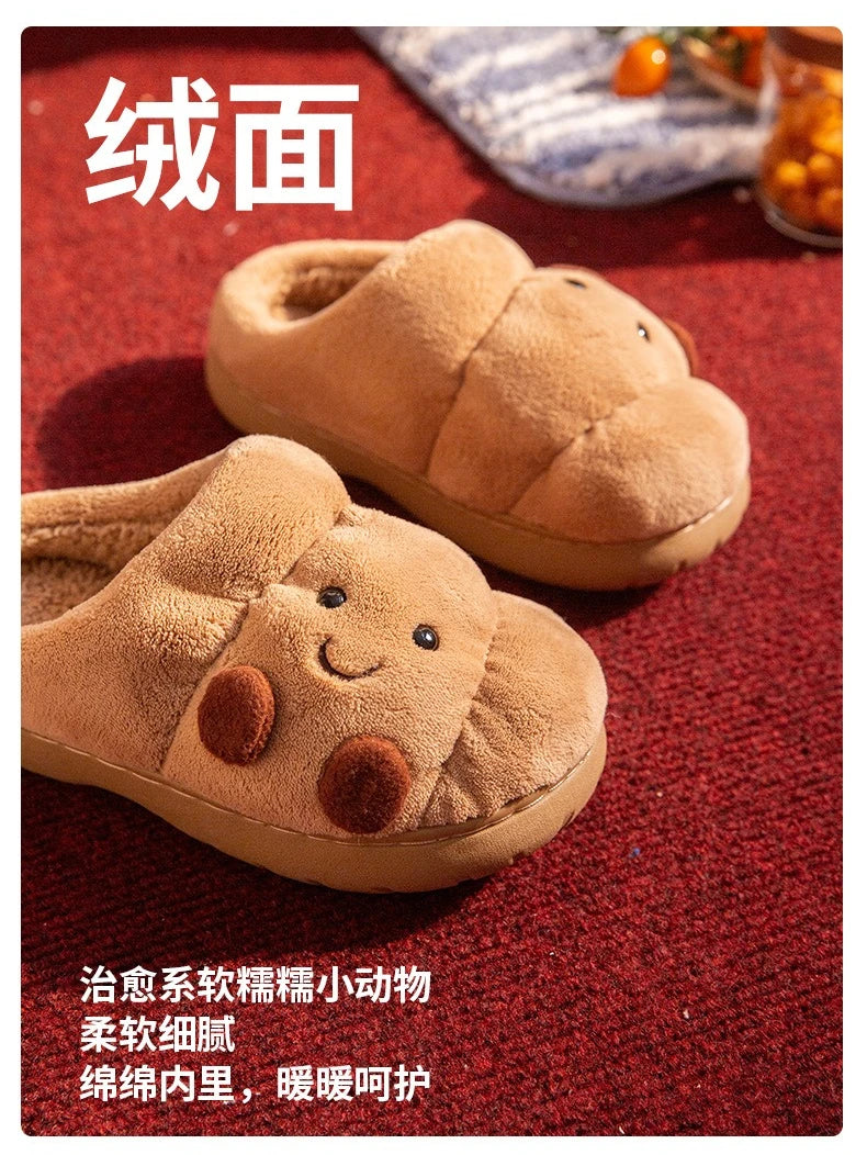 Cute Cartoon Fluffy Slippers For Women Men Winter House Shoes Furry Croissant Bread Style Anti-slip Couples Home Cotton Slides