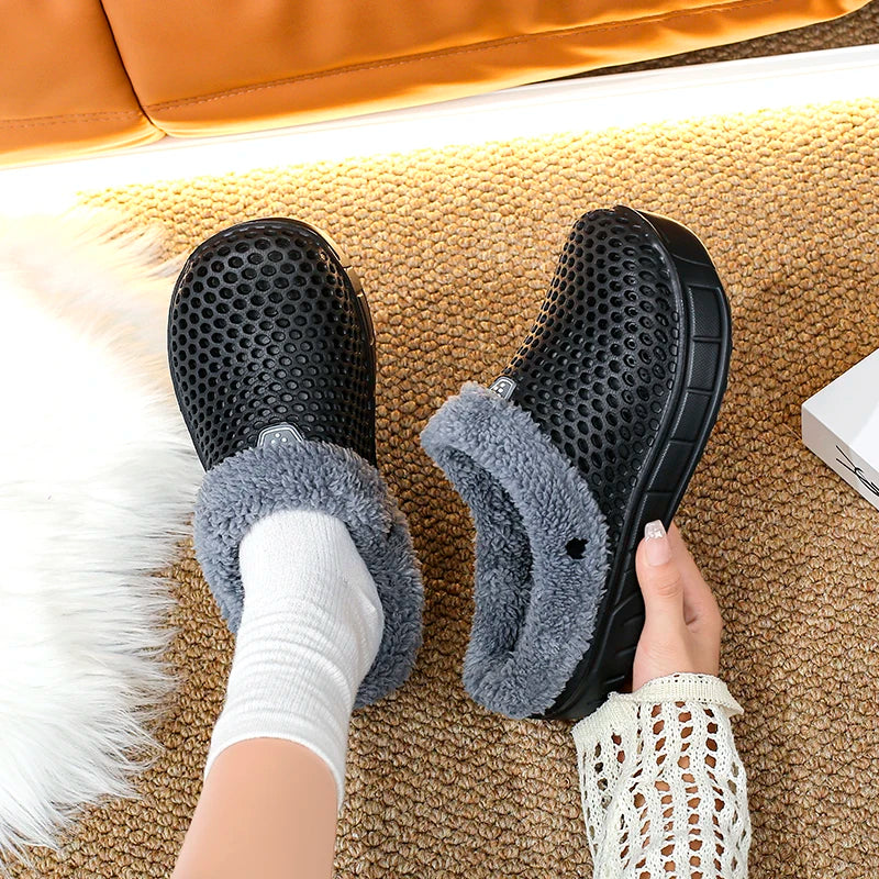 Winter Couple Fuzzy Slippers Women Men, Warm Fur Lined Mule House Shoes for Indoor Outdoor Cozy Comfortable Non-Slip Soft Slippe