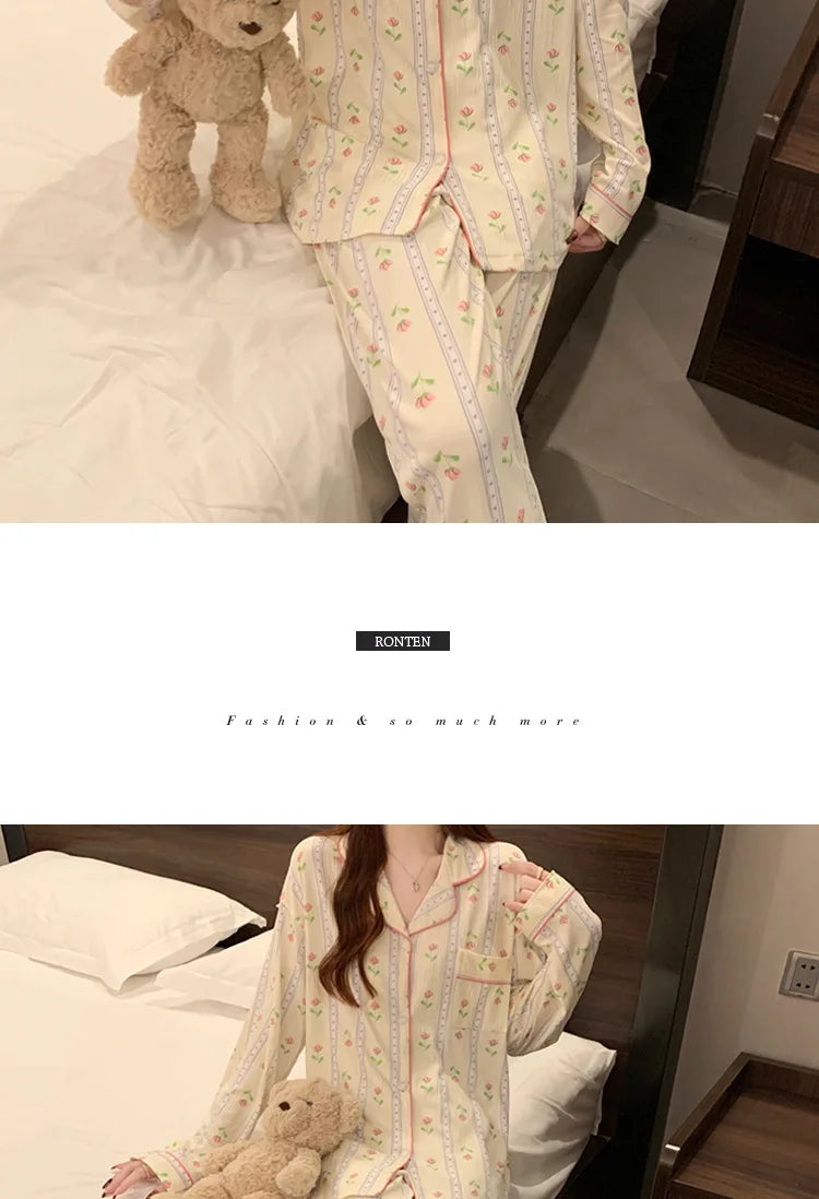 Spring and Autumn New Women's Fresh Flowers Long-Sleeved Pajamas Homewear Suit Leisure Pajamas Thin Section Homewear Pajamas Set