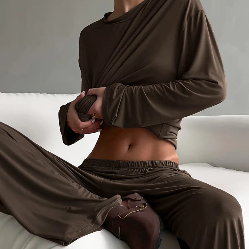 New 2026 Brown Loose Female Sleepwear Suit O-Neck Nightgowns Long Sleeve Nightwear Wide Leg Pants Women's Pajamas 2 Piece Set