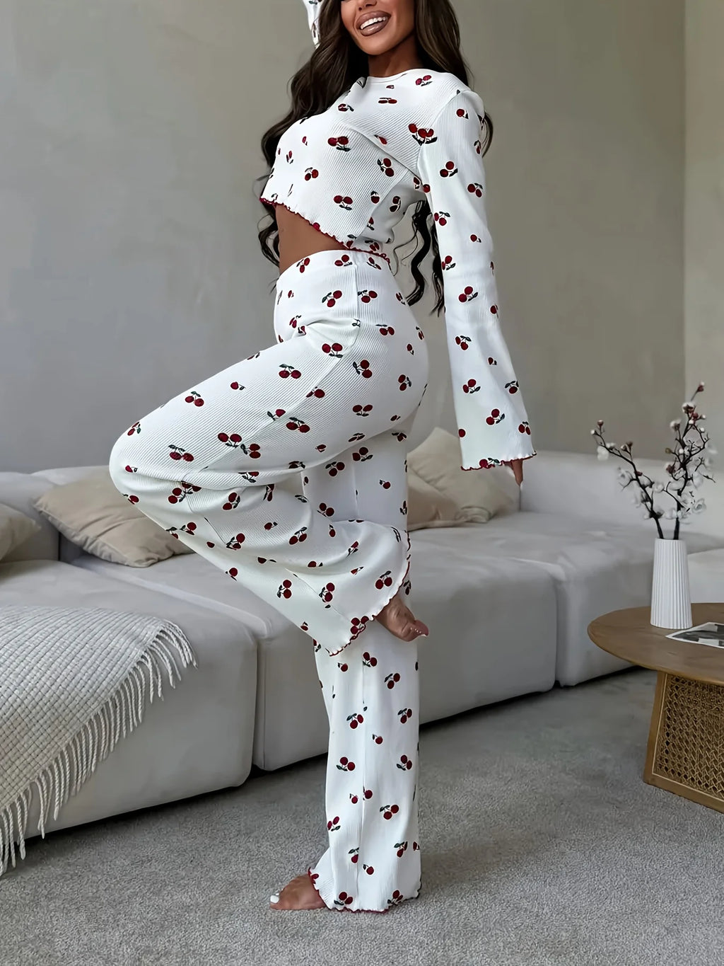 Autumn Winter Pajama Set Women 2pcs Y2K-Style Cherry Print Cuffed-Long-Sleeve Tops and Long Trousers Sleepwear Homewear